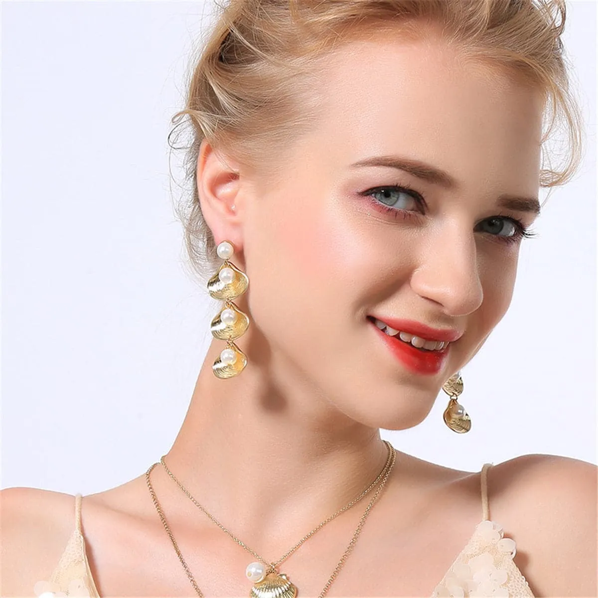 Pearl & 18K Gold-Plated Linking Seashell Drop Earrings