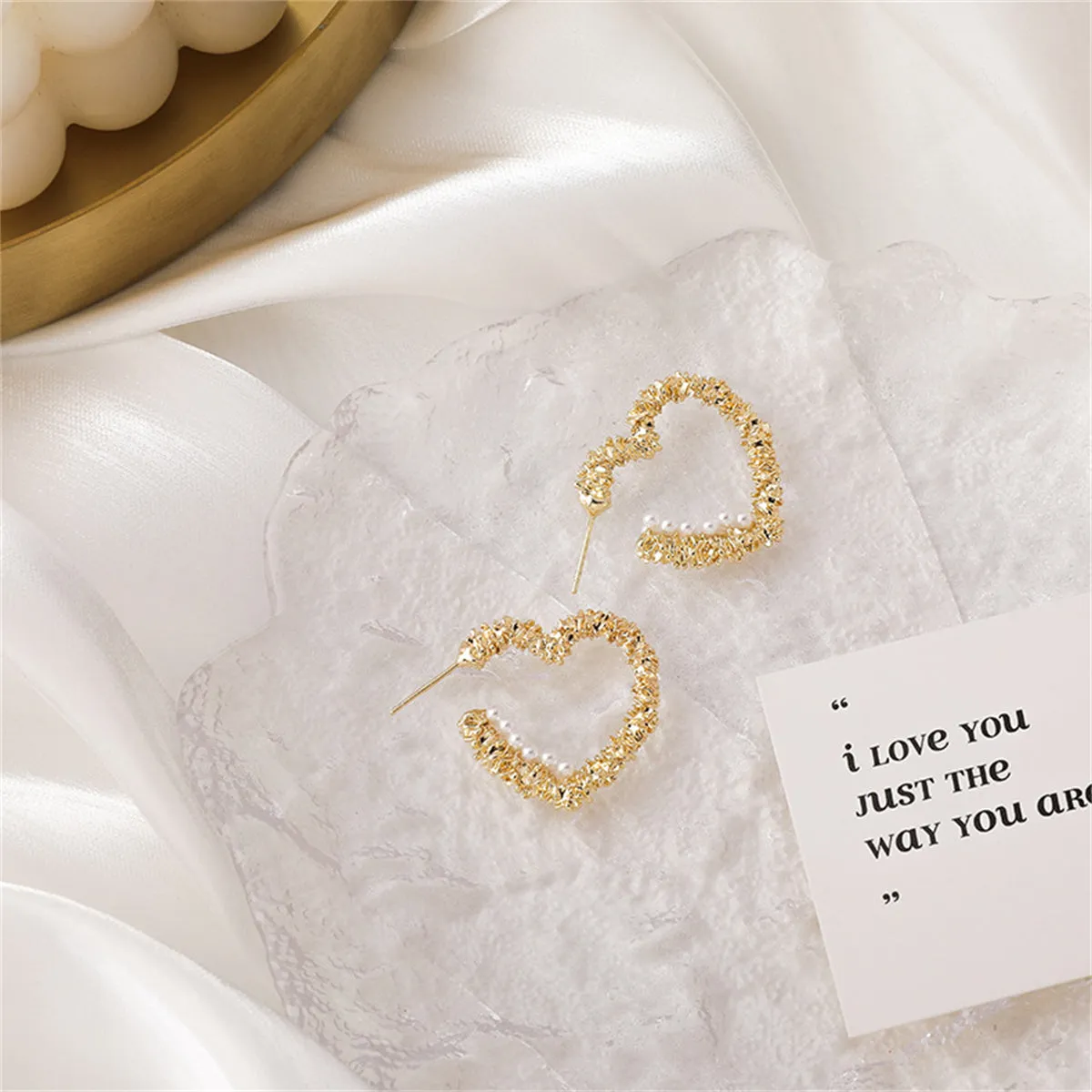 Pearl & 18K Gold-Plated Textured Heart Huggie Earrings