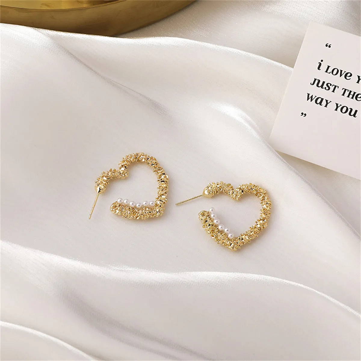 Pearl & 18K Gold-Plated Textured Heart Huggie Earrings