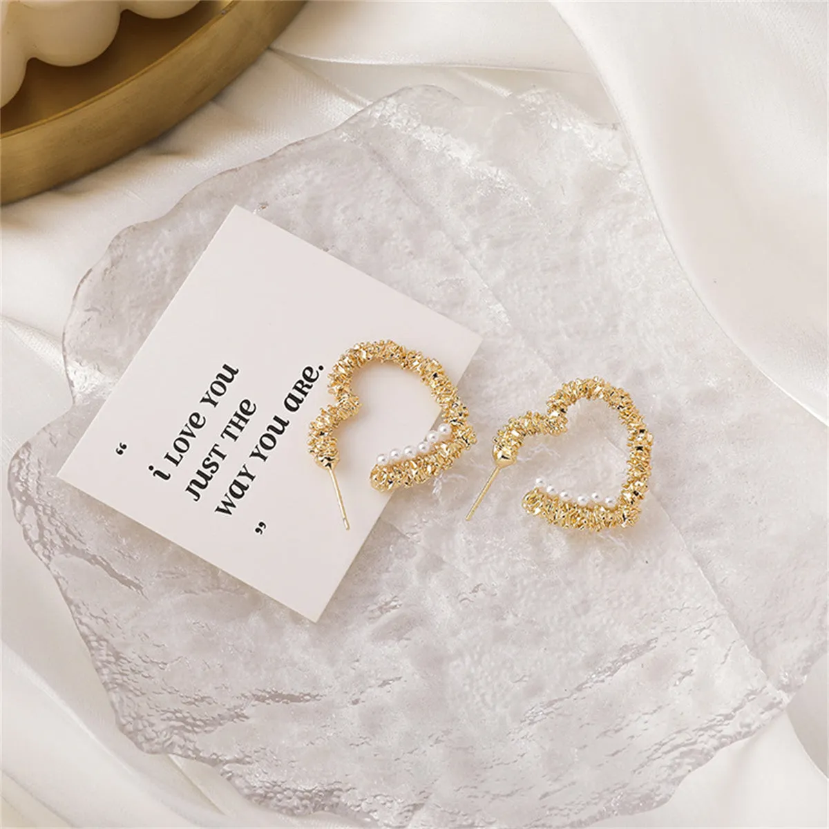 Pearl & 18K Gold-Plated Textured Heart Huggie Earrings