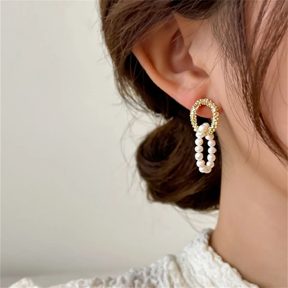 Pearl & 18K Gold-Plated Textured Interlocked Drop Earrings