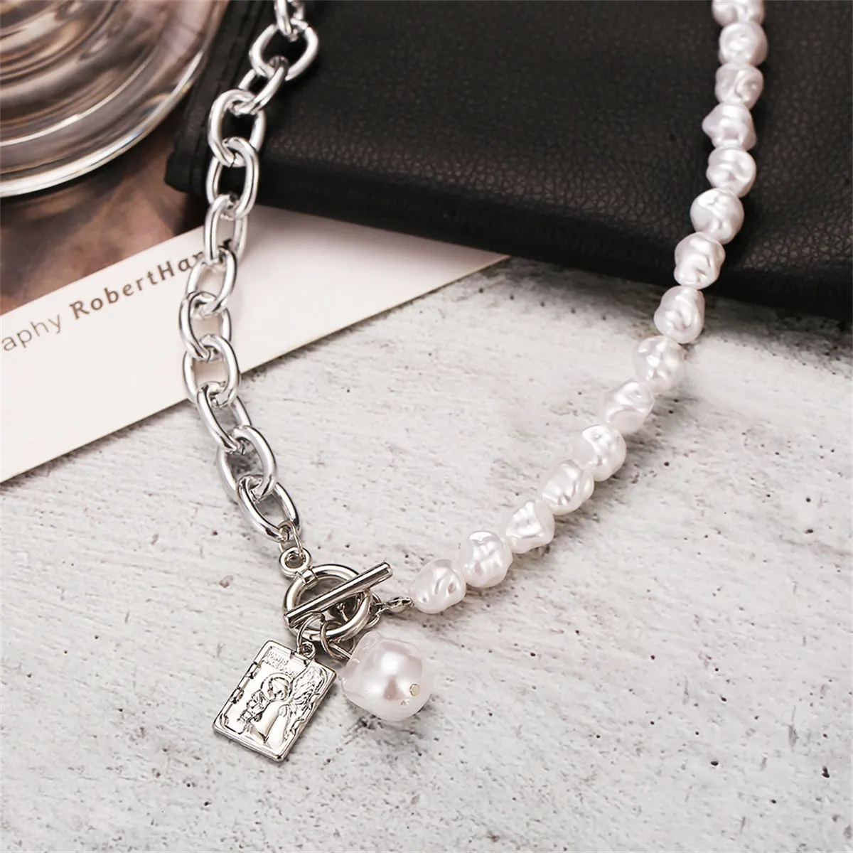 Pearl & Silver-Plated Chain Toggle Necklace