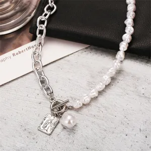 Pearl & Silver-Plated Chain Toggle Necklace