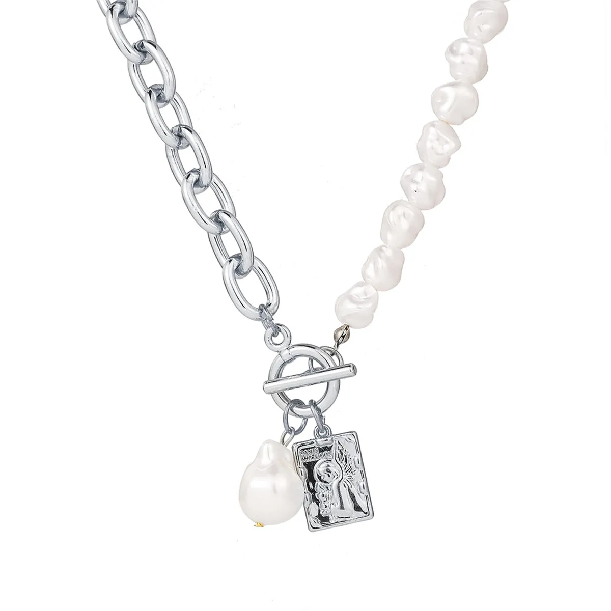 Pearl & Silver-Plated Chain Toggle Necklace