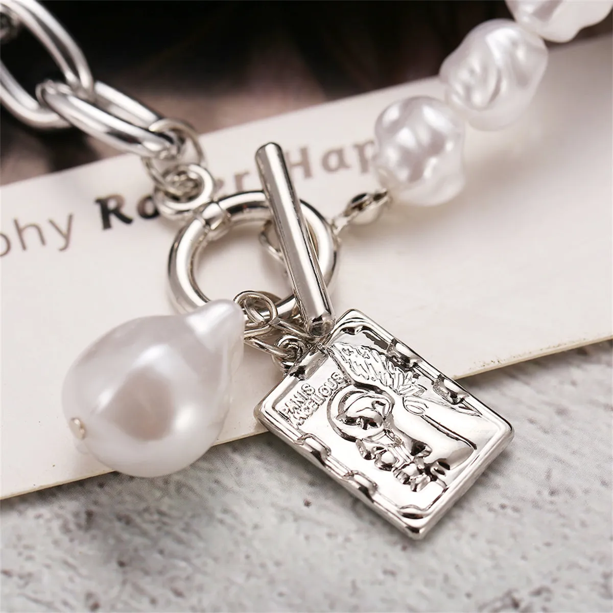 Pearl & Silver-Plated Chain Toggle Necklace