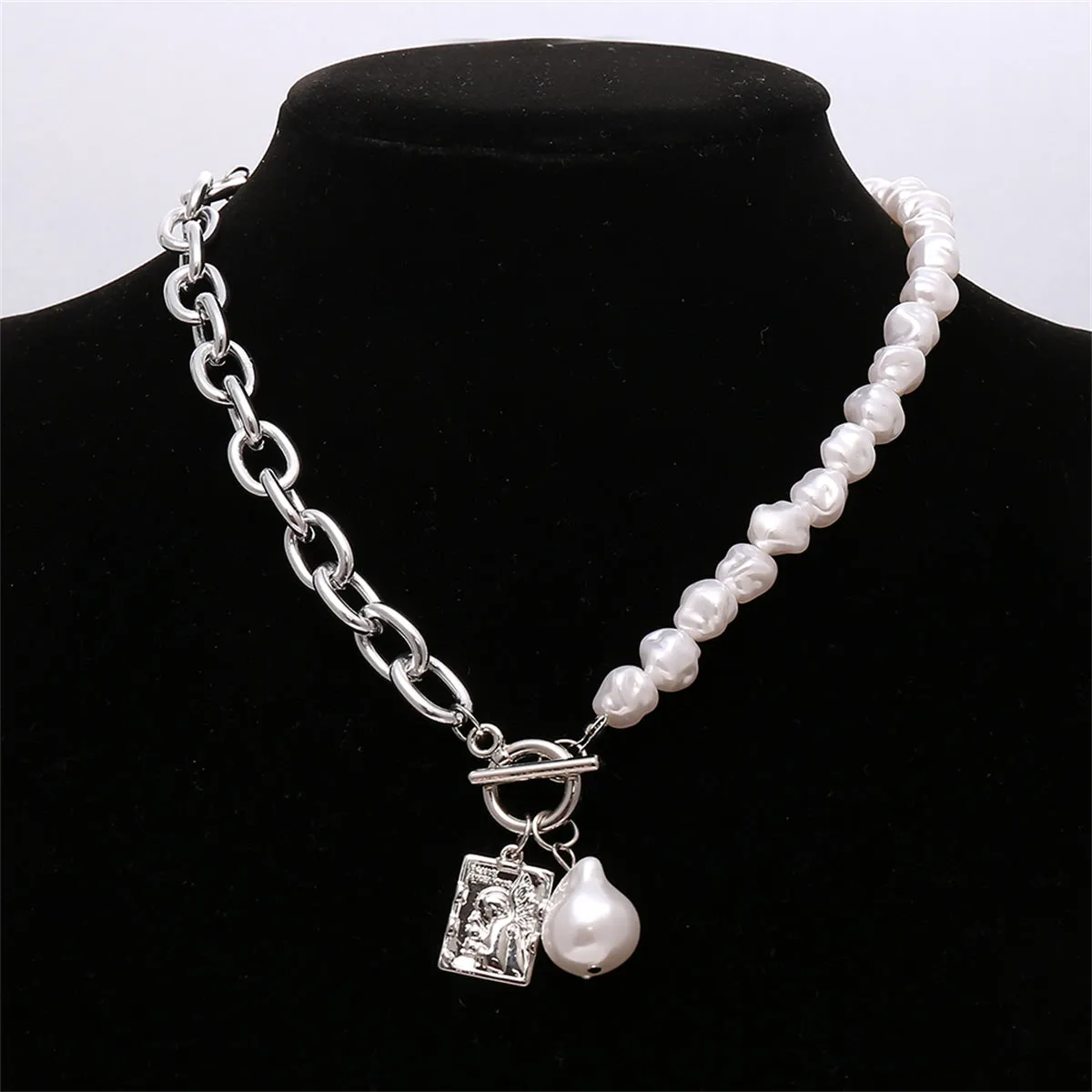 Pearl & Silver-Plated Chain Toggle Necklace