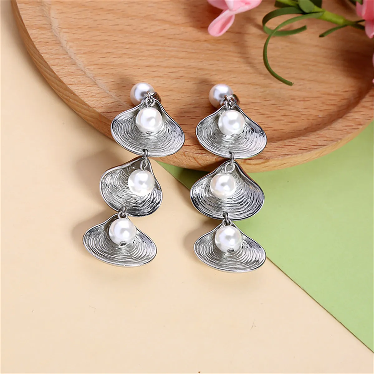 Pearl & Silver-Plated Linking Seashell Drop Earrings