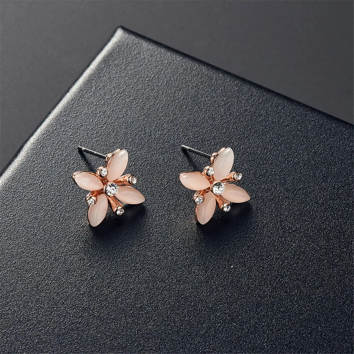 Pink Cats Eye & Cubic Zirconia Flower Pendant Necklace & Stud Earrings Set