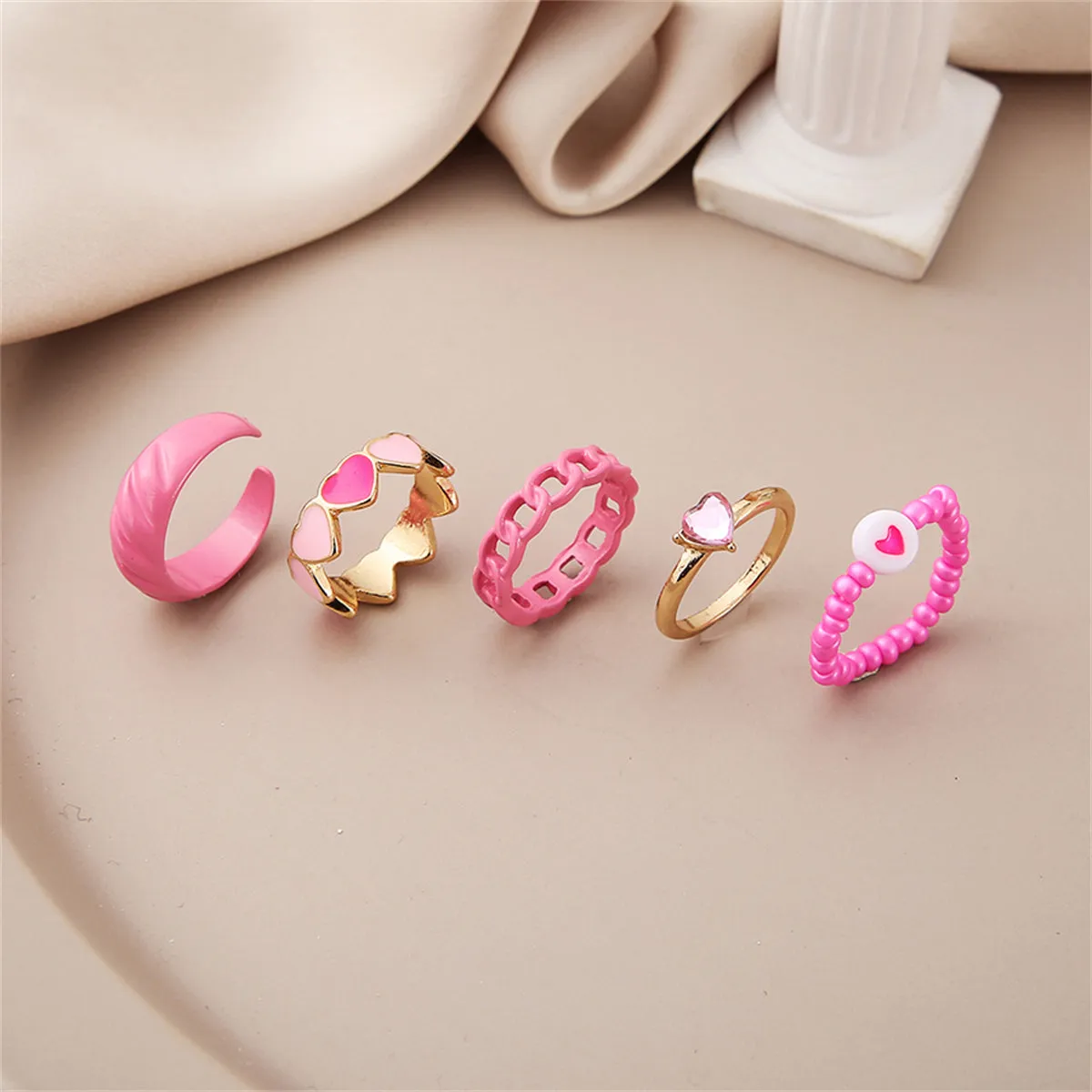 Pink Enamel & Cubic Zirconia 18K Gold-Plated Heart Ring Set