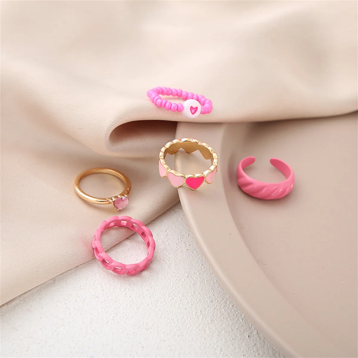Pink Enamel & Cubic Zirconia 18K Gold-Plated Heart Ring Set