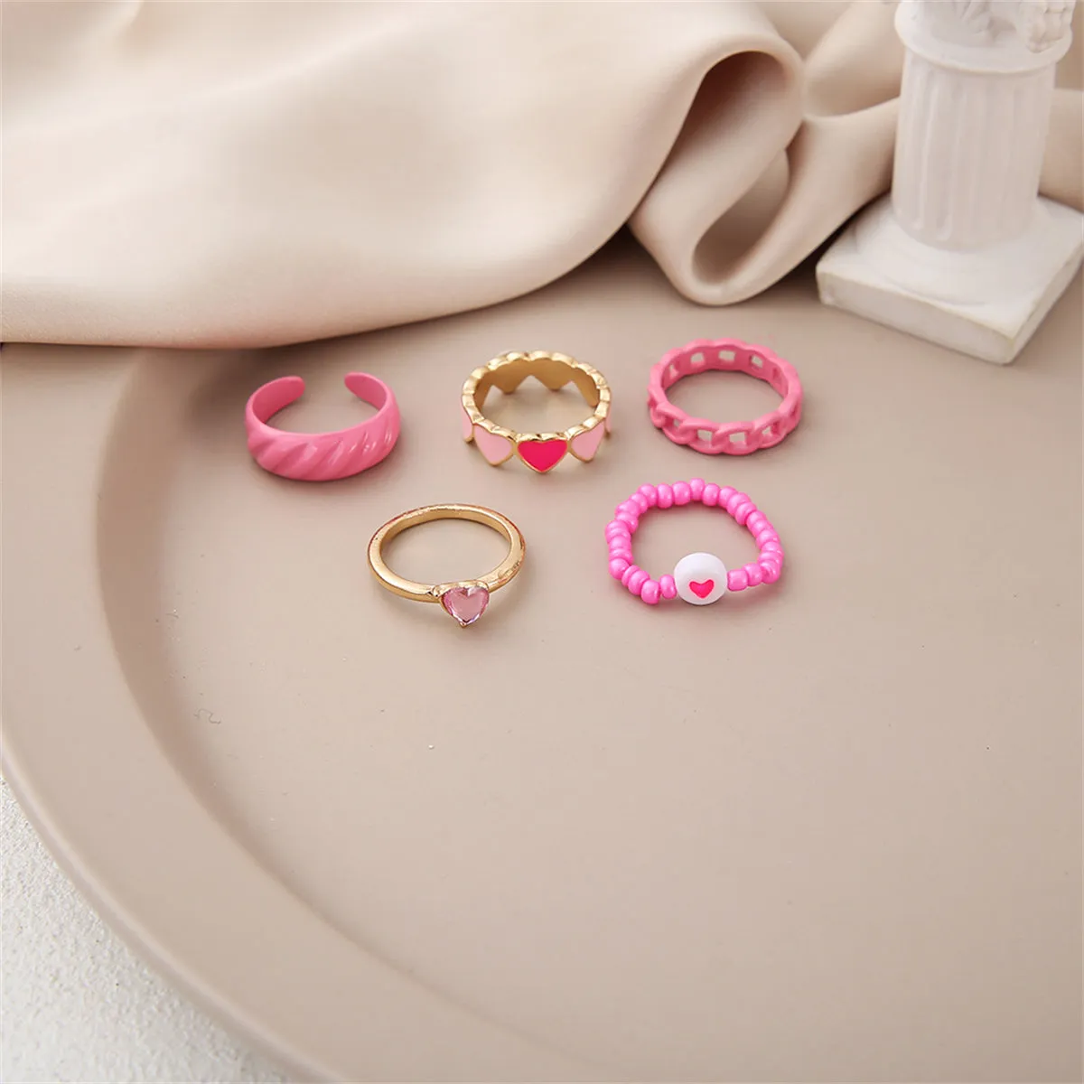 Pink Enamel & Cubic Zirconia 18K Gold-Plated Heart Ring Set