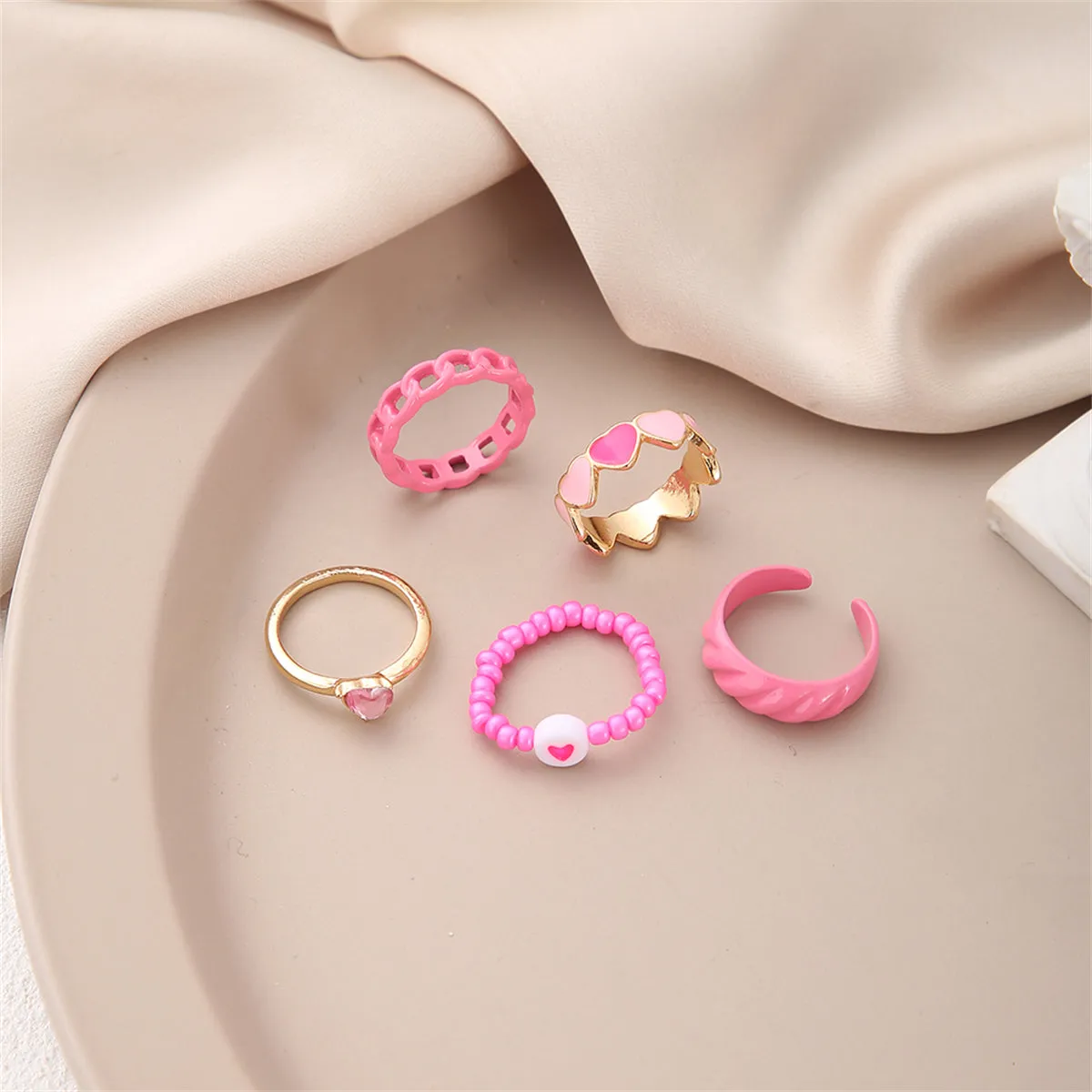 Pink Enamel & Cubic Zirconia 18K Gold-Plated Heart Ring Set