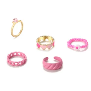 Pink Enamel & Cubic Zirconia 18K Gold-Plated Heart Ring Set