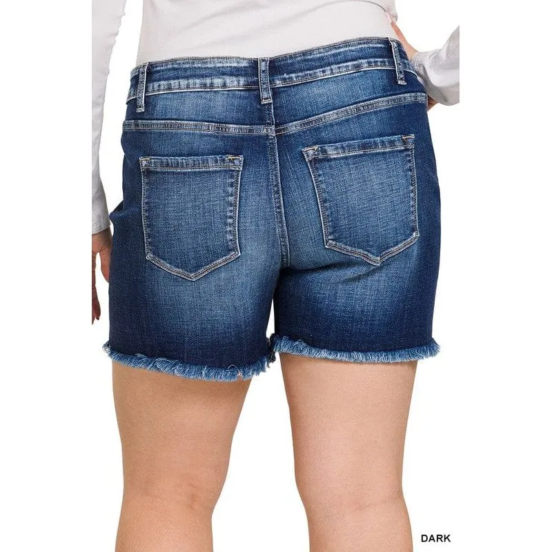 Plus mid rise raw frayed hem denim shorts