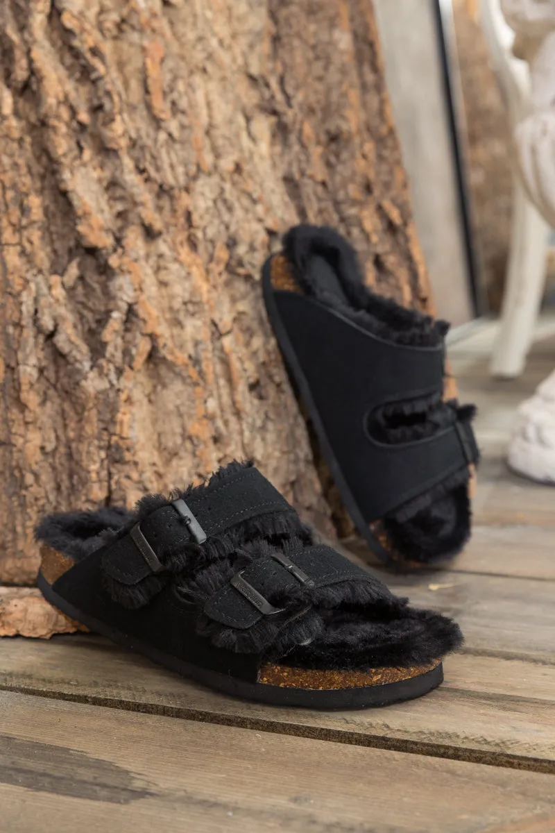 Plush Insole Dual-Strap Black Sandal Slide Shoes