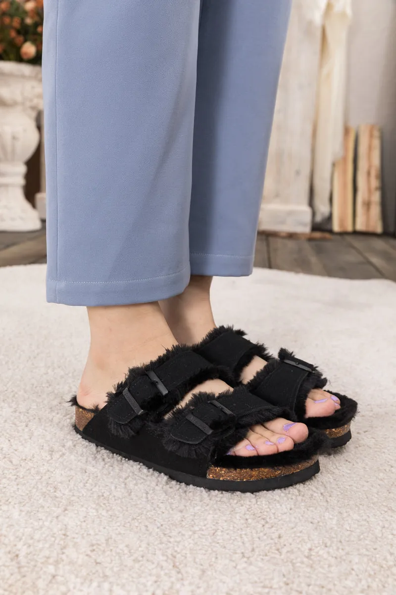 Plush Insole Dual-Strap Black Sandal Slide Shoes