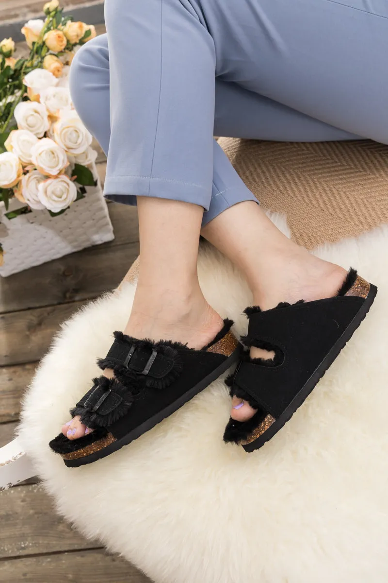 Plush Insole Dual-Strap Black Sandal Slide Shoes
