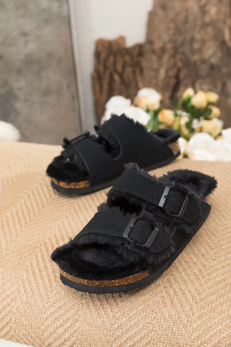 Plush Insole Dual-Strap Black Sandal Slide Shoes