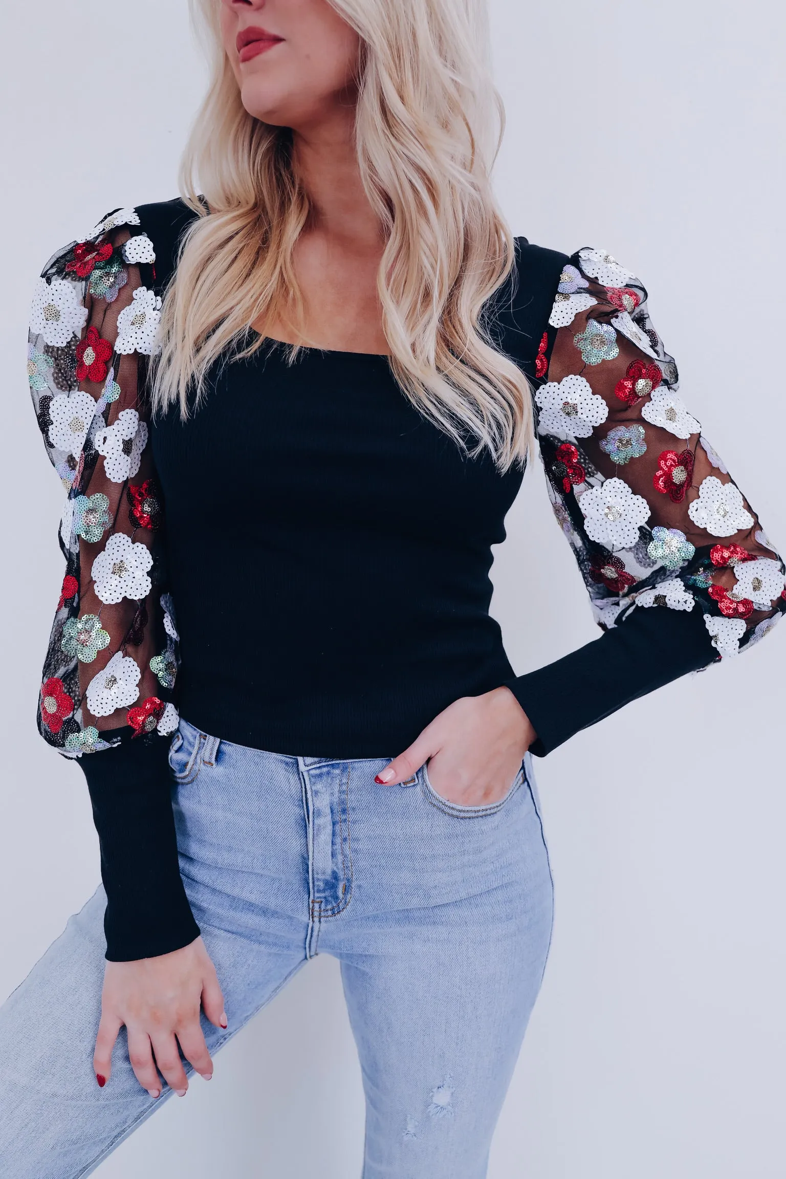 Poised Sequin Puff Sleeve Top -Black