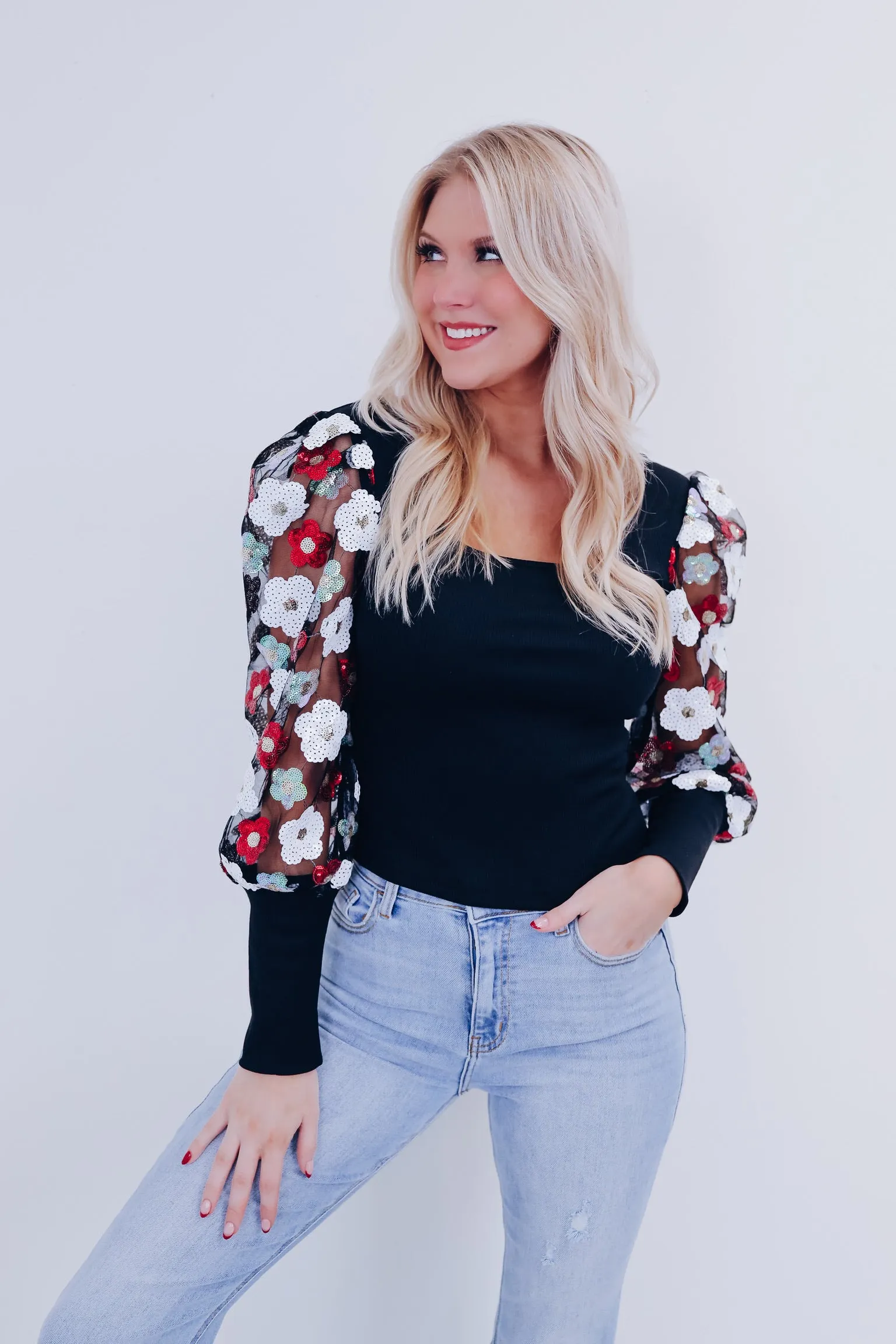 Poised Sequin Puff Sleeve Top -Black