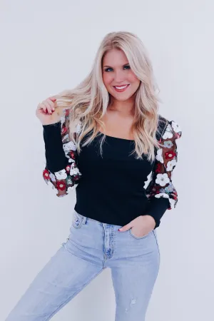 Poised Sequin Puff Sleeve Top -Black
