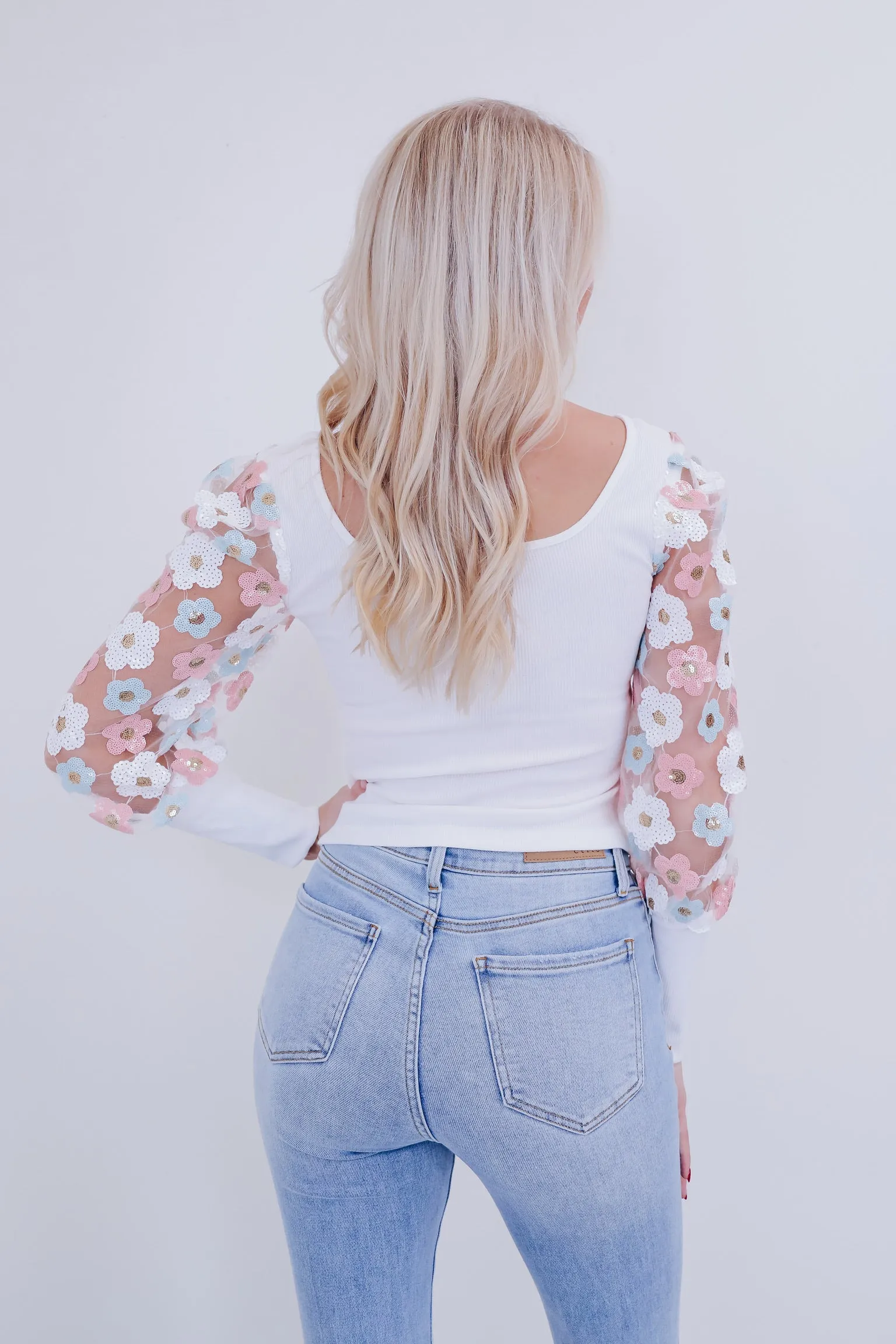 Poised Sequin Puff Sleeve Top - White