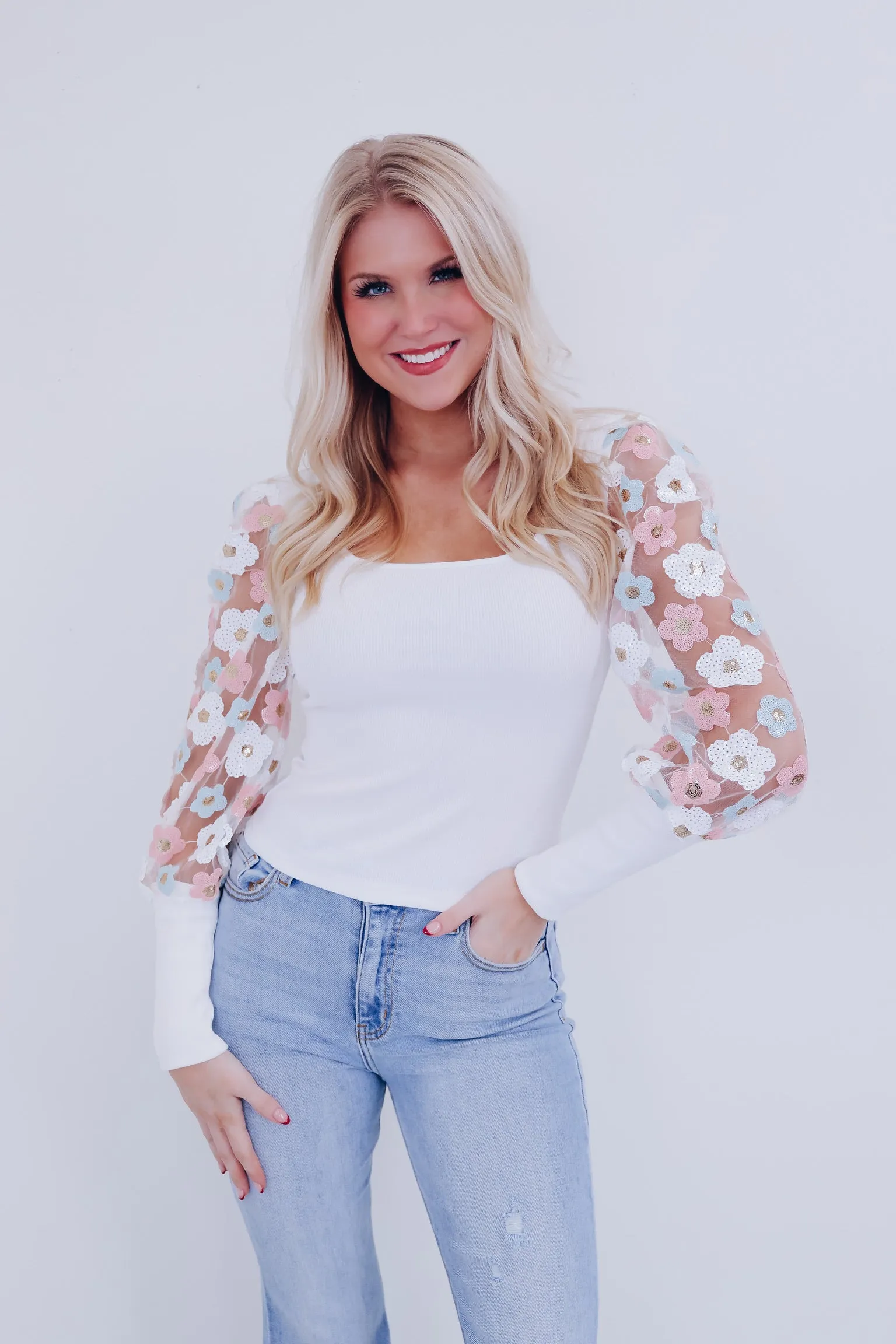 Poised Sequin Puff Sleeve Top - White