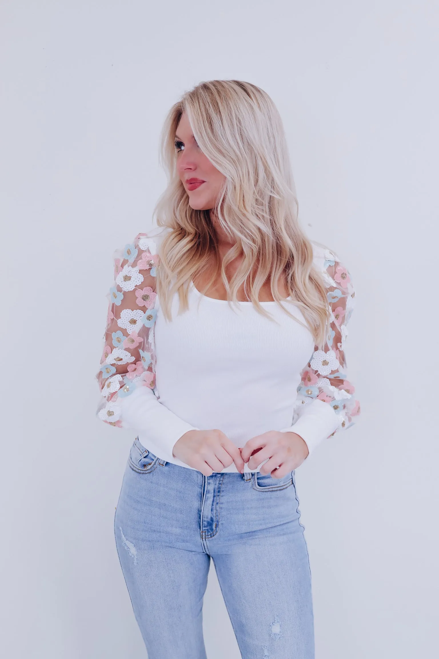 Poised Sequin Puff Sleeve Top - White
