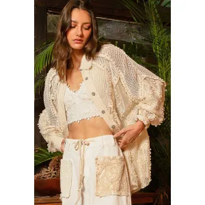 POL Women's Natural Woven Balloon Sleeve Top