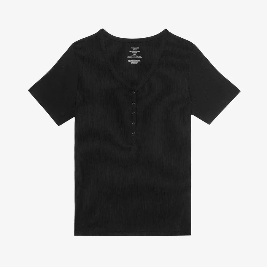 Posh Peanut Solid Ribbed Women's Short Sleeve Pajama Set - Black