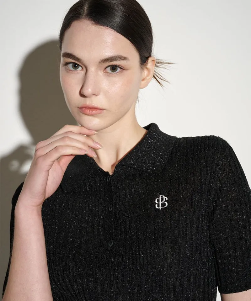 POSHERD Glitter Holgarment Short Sleeve Collar Knit Top - Black
