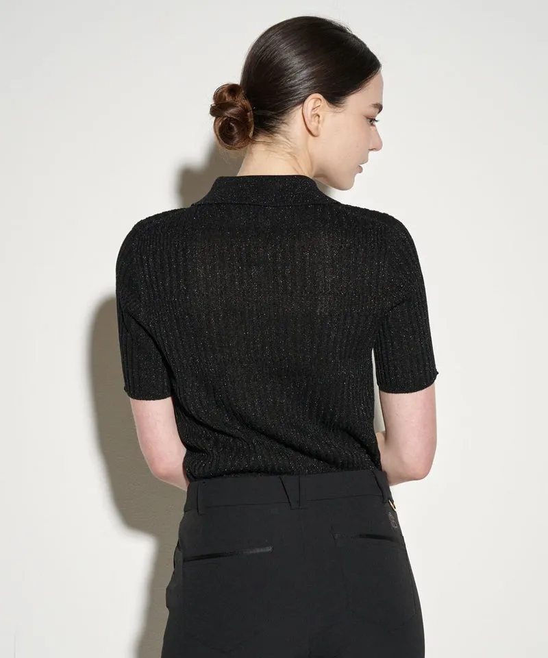 POSHERD Glitter Holgarment Short Sleeve Collar Knit Top - Black