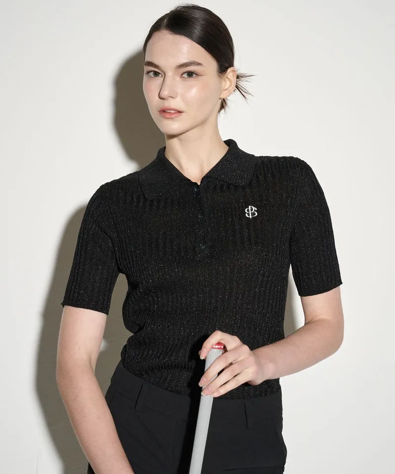 POSHERD Glitter Holgarment Short Sleeve Collar Knit Top - Black