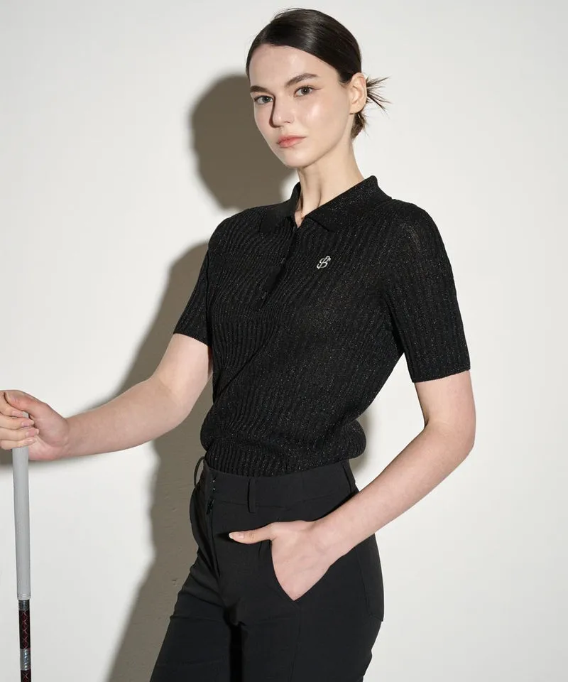 POSHERD Glitter Holgarment Short Sleeve Collar Knit Top - Black