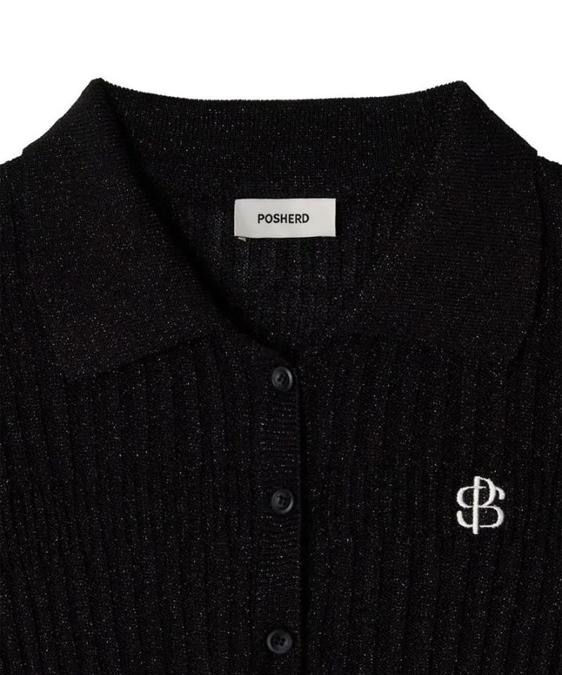 POSHERD Glitter Holgarment Short Sleeve Collar Knit Top - Black