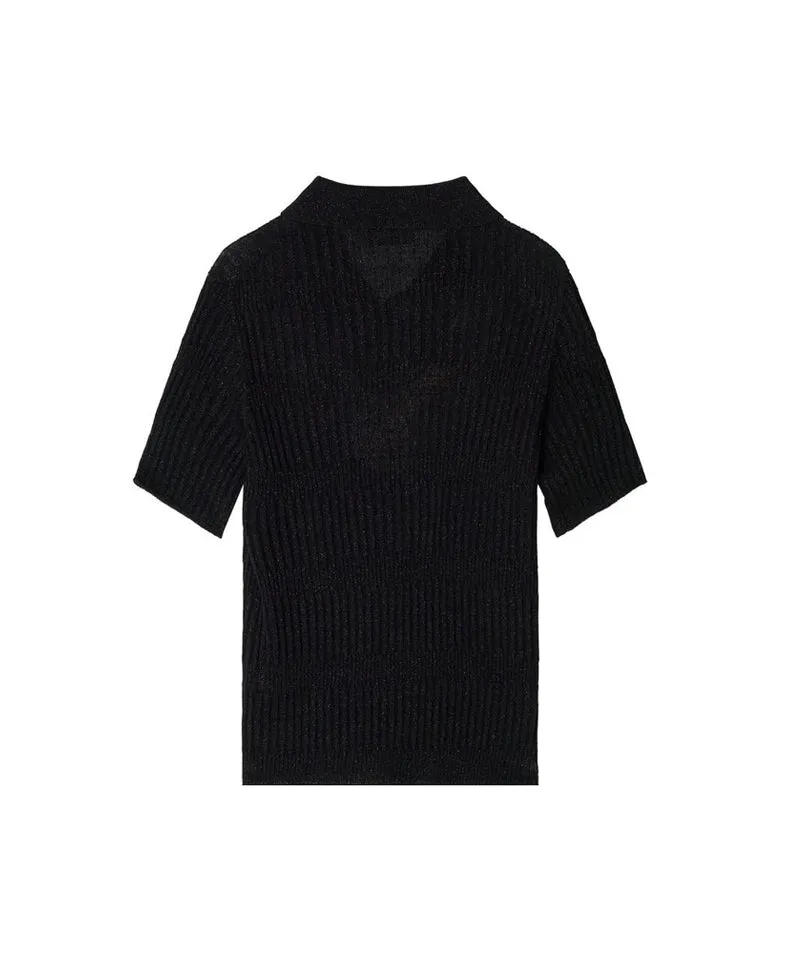 POSHERD Glitter Holgarment Short Sleeve Collar Knit Top - Black
