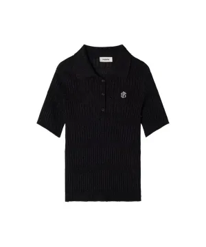 POSHERD Glitter Holgarment Short Sleeve Collar Knit Top - Black