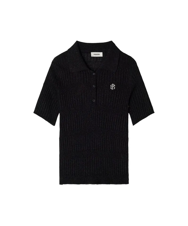 POSHERD Glitter Holgarment Short Sleeve Collar Knit Top - Black
