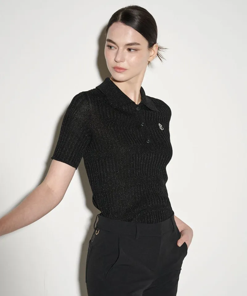 POSHERD Glitter Holgarment Short Sleeve Collar Knit Top - Black