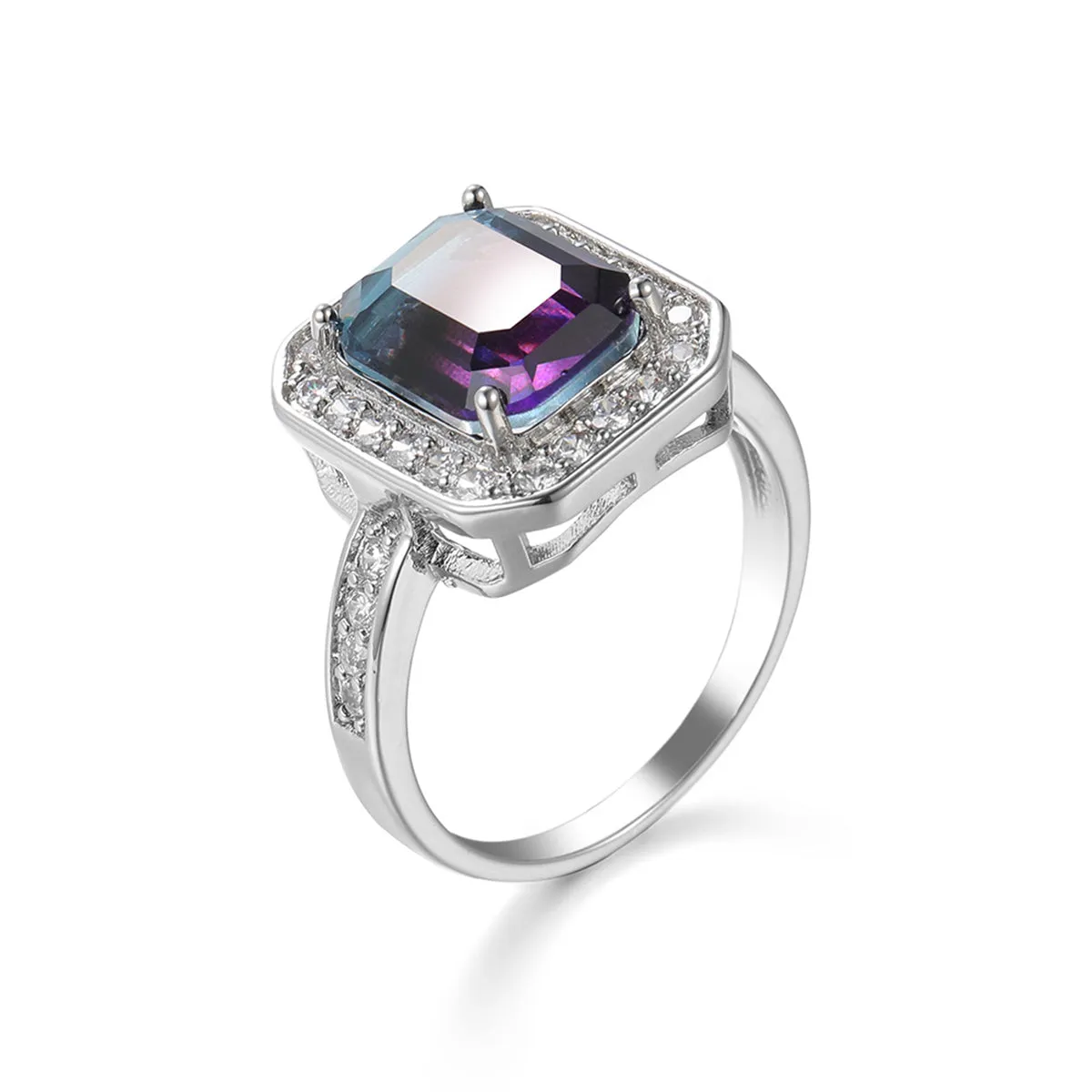 Purple-Blue Crystal & Cubic Zirconia Radiant-Cut Channel Halo Ring