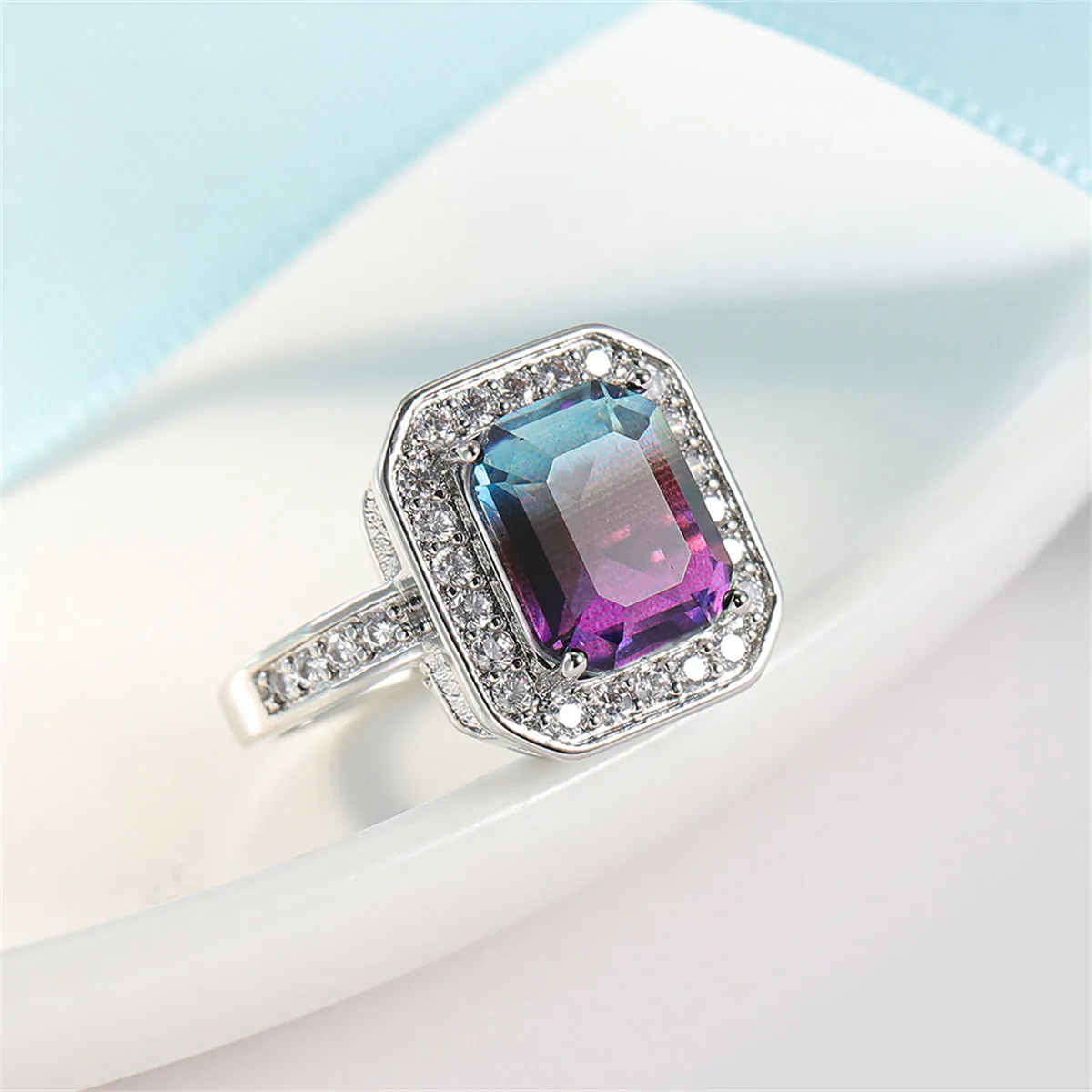 Purple-Blue Crystal & Cubic Zirconia Radiant-Cut Channel Halo Ring
