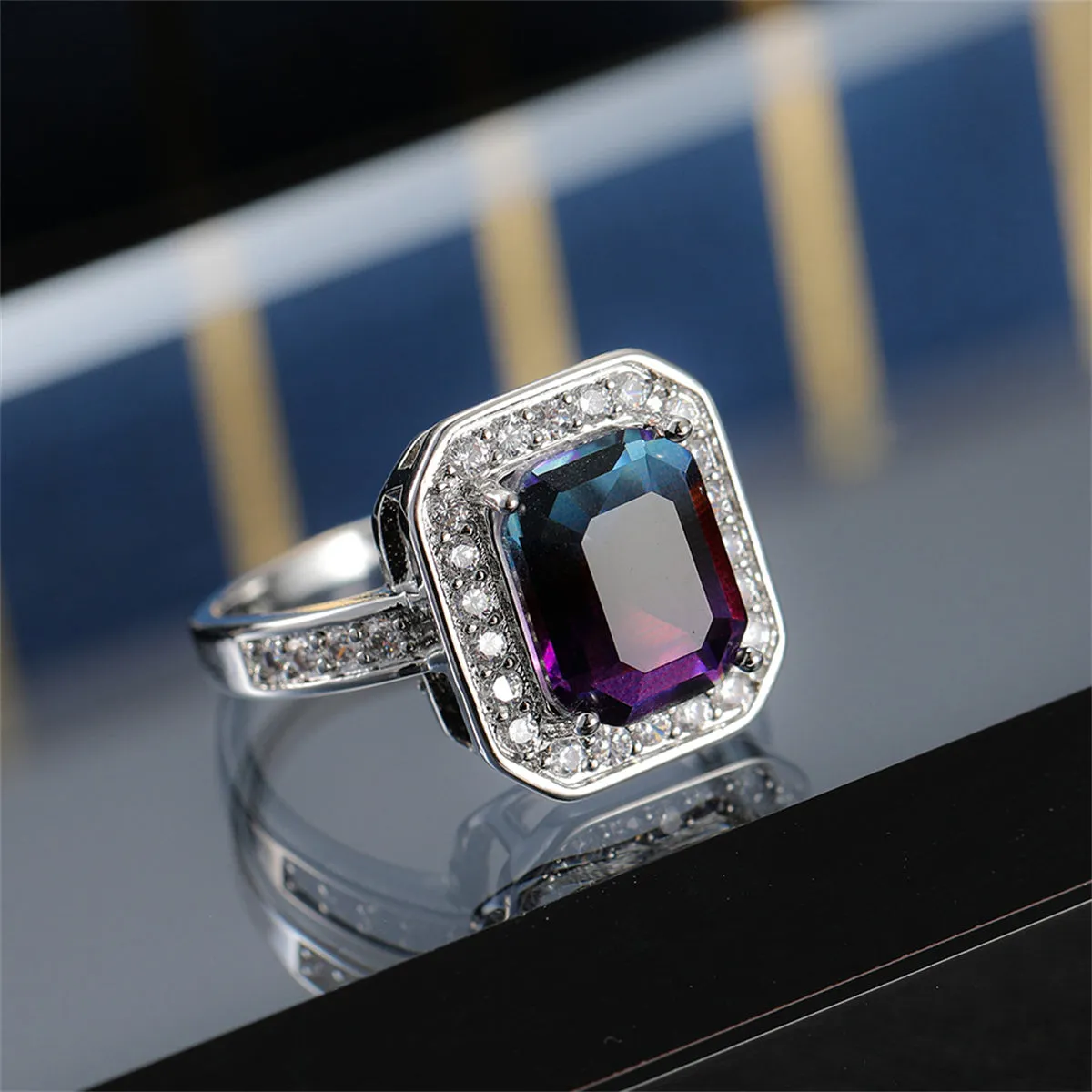 Purple-Blue Crystal & Cubic Zirconia Radiant-Cut Channel Halo Ring