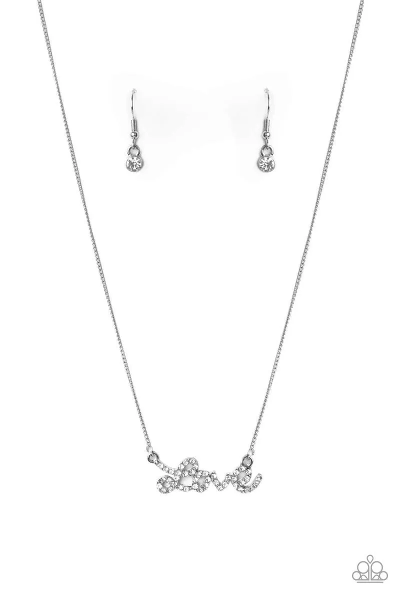 "Head Over Heels in Love" Silver White/Clear Rhinestone LOVE Necklace Set
