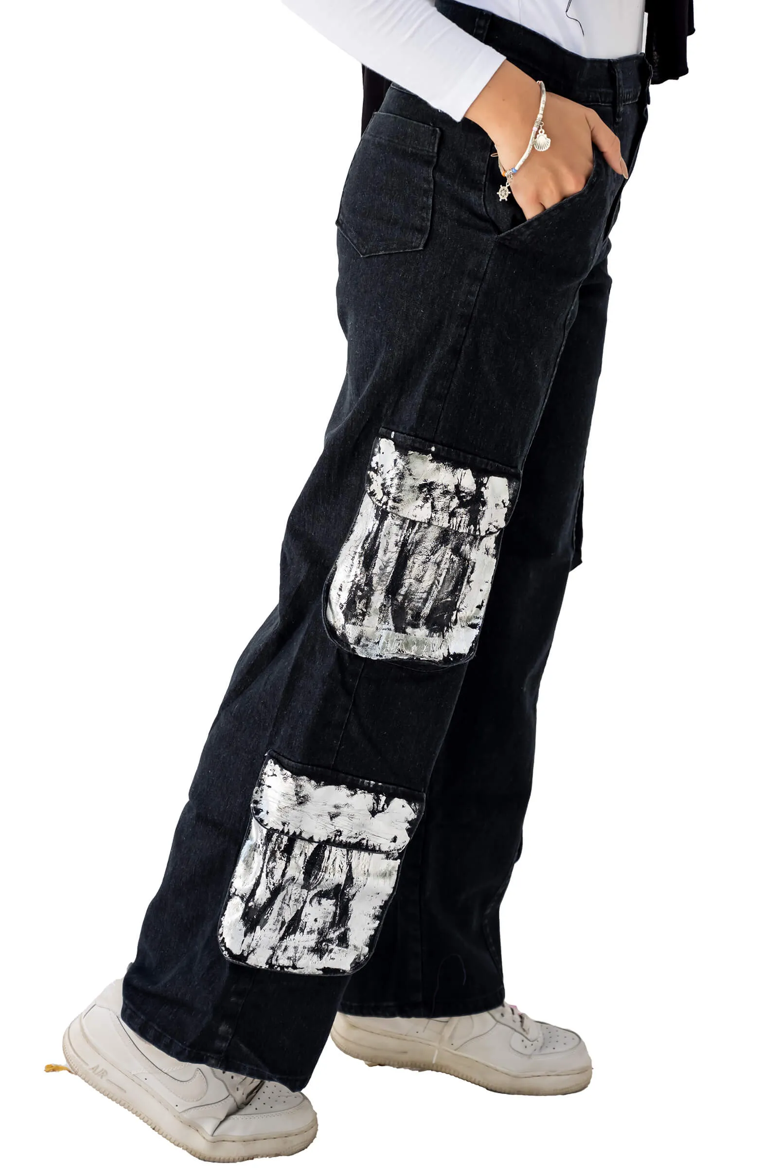 Raven High-Waisted Metallic Pocket Cargo Jeans