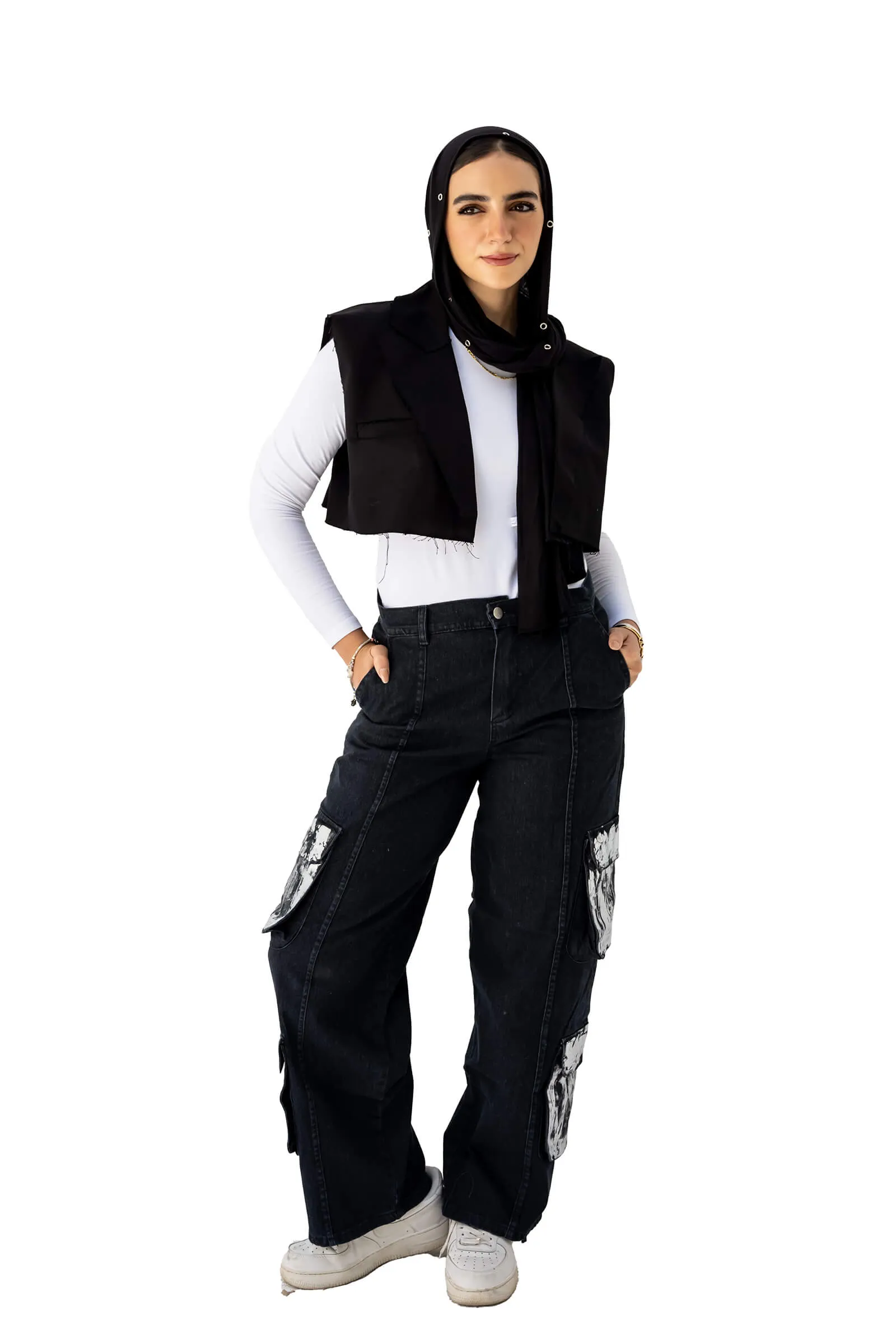 Raven High-Waisted Metallic Pocket Cargo Jeans