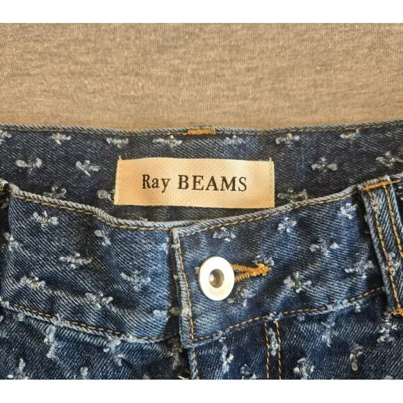 RAY BEAMS Women's Jacquard Denim Pants Indigo Short Fringe Embroidered Sz 1 27W‎