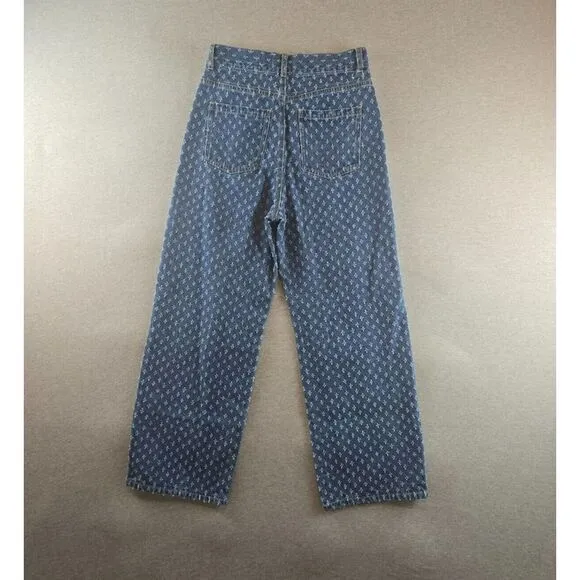 RAY BEAMS Women's Jacquard Denim Pants Indigo Short Fringe Embroidered Sz 1 27W‎