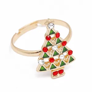 Red & Green Cubic Zirconia 18K Gold-Plated Tree Adjustable Ring