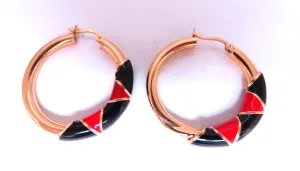 Red Black Enamel Tubular Hoop Earrings 14kt yellow gold 45477