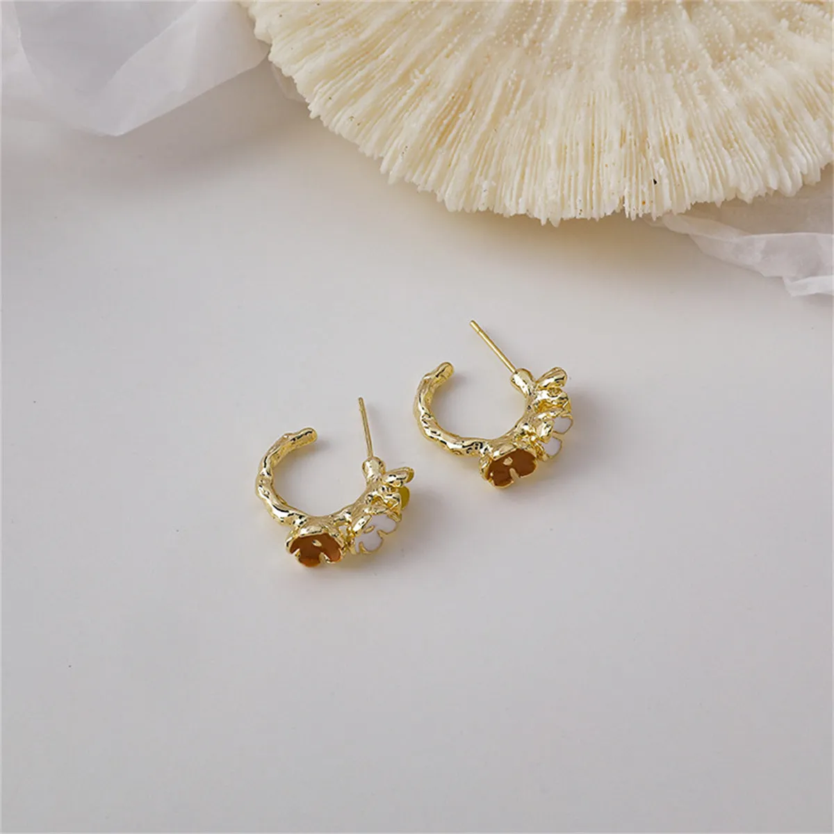 Red Enamel & 18K Gold-Plated Flower Huggie Earrings